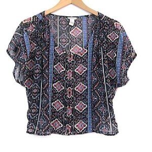 FOREVER 21 Black Pink Boho Floral Striped Sheer Cropped Crop Top JUNIORS Small S